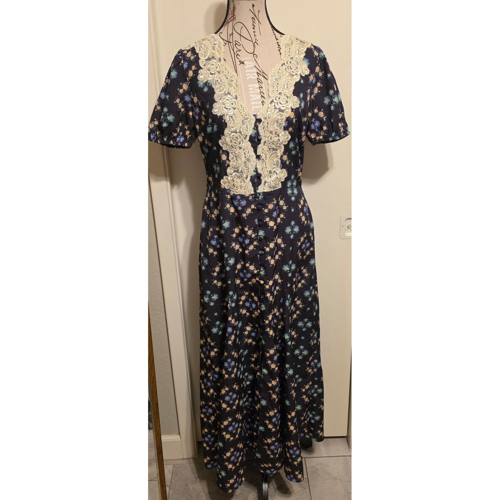 Reclaimed‎ Vintage Black Floral Lace Trim V-Neck Button Down Maxi Dress US 10